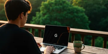 Um jovem empreendedor trabalhando em um laptop em um deck de madeira com vista para uma floresta verde exuberante ao nascer do sol, ilustrando a flexibilidade do dropshipping.