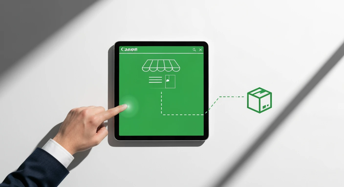 Fotografia profissional de um modelo de negócio de dropshipping, com uma mão apontando para uma interface de loja online em um tablet, e uma linha verde abstrata conectando à imagem de um pacote, simbolizando o envio direto do fornecedor, tudo em um fundo branco minimalista.