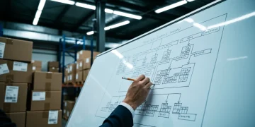 Pessoa em um escritório de armazém, analisando um fluxograma logístico complexo em um quadro branco, com caixas de papelão ao redor e iluminação industrial nítida, simbolizando os desafios do dropshipping.