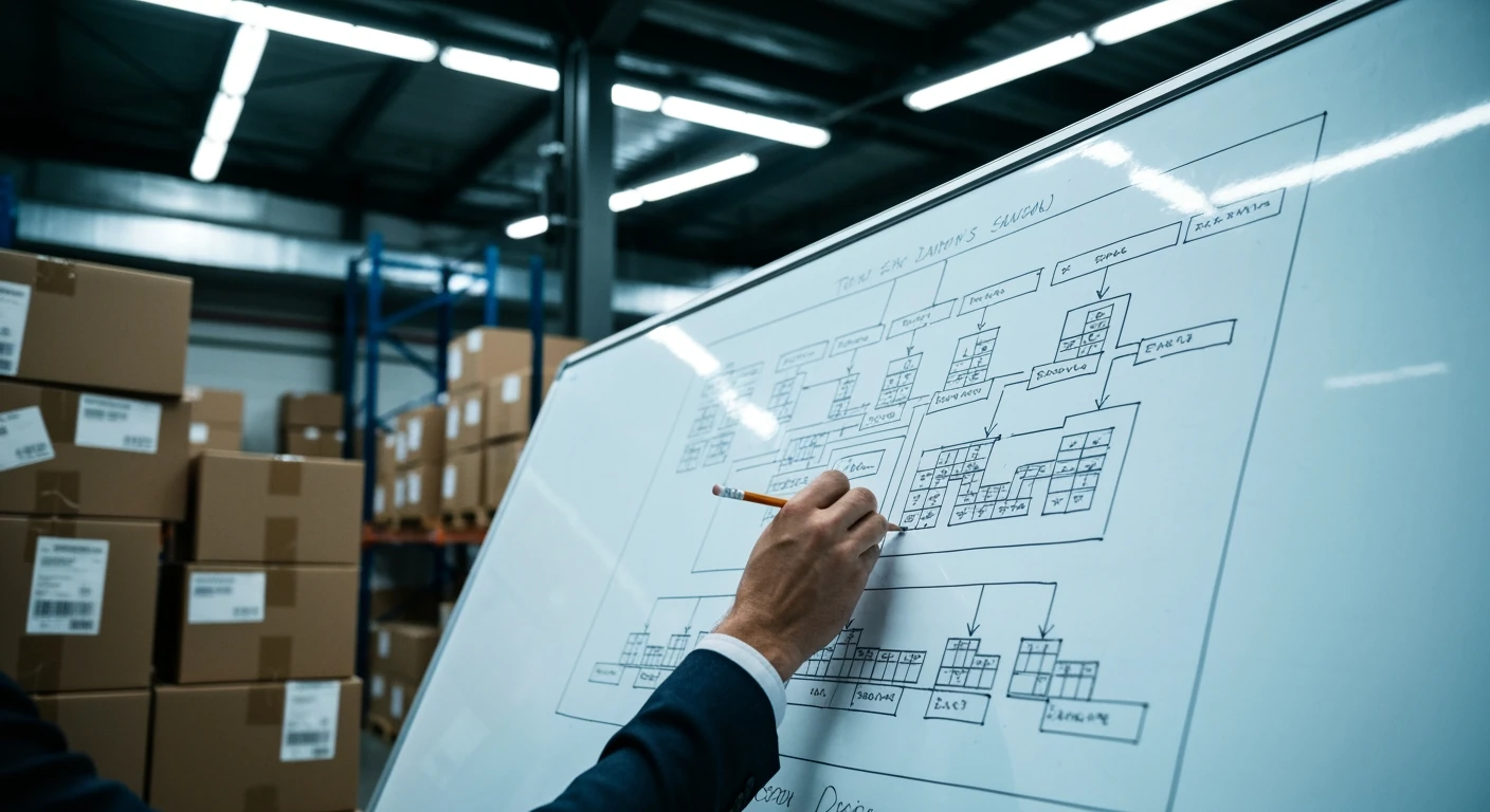 Pessoa em um escritório de armazém, analisando um fluxograma logístico complexo em um quadro branco, com caixas de papelão ao redor e iluminação industrial nítida, simbolizando os desafios do dropshipping.
