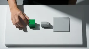 Dropshipping Sem Segredos: Guia Atualizado para Lucrar em (e Além) Cenário minimalista e moderno de dropshipping, com mão posicionando um cubo verde sobre superfície branca, simbolizando um pedido, ao lado de um caminhão de entrega e um quadrado vazio. Representa o fluxo logístico sem estoque, sob luz de estúdio suave.