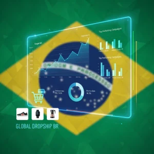 Painel de Google Ads com métricas de dropshipping e bandeira do Brasil, simbolizando otimização de campanhas.