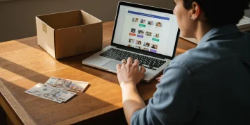 Pessoa em uma escrivaninha de madeira com laptop e dinheiro, representando o papel de intermediário no dropshipping e a gestão de um negócio online. A luz quente do sol da tarde realça a cena e as texturas.