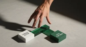 Mão de uma pessoa prestes a interagir com um diagrama geométrico abstrato que representa gatilhos mentais, simbolizando a decisão entre visitante curioso e cliente fiel em marketing de conversão.