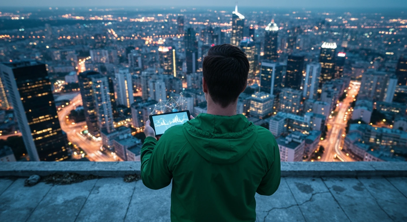 Vista aérea de um empreendedor em dropshipping sobre um telhado, contemplando uma cidade movimentada e iluminada ao anoitecer, representando a complexidade do mercado de e-commerce e a busca por inovação.