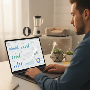 Pessoa analisando dados do Google Ads para otimização de dropshipping, com gráficos e produtos em segundo plano.