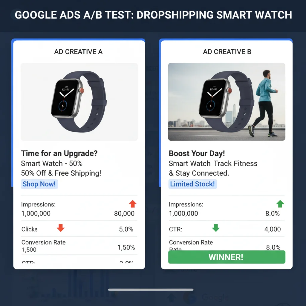 Resultados de teste A/B de anúncios de dropshipping no Google Ads, comparando métricas de desempenho.