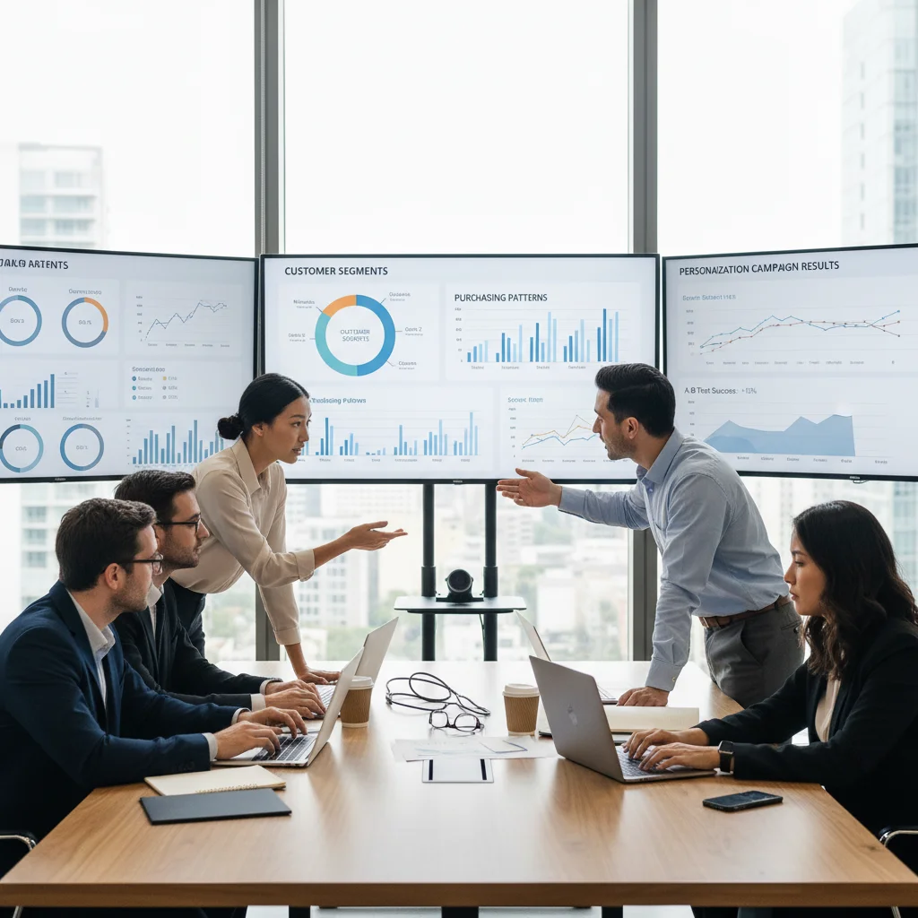 Equipe de negócios analisando dados de clientes para campanhas personalizadas
