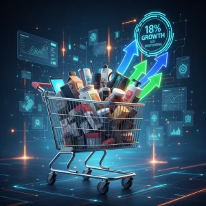 Carrinho de compras cheio com setas de crescimento, simbolizando o aumento do ticket médio no dropshipping.