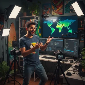 Criador de conteúdo brasileiro gravando vídeo para YouTube com equipamentos profissionais