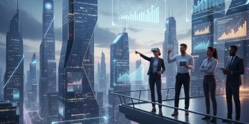 Empreendedores analisando gráficos financeiros e projeções de crescimento em um ambiente futurista em 2026.