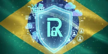 Escudo digital protegendo elementos de negócios online com fundo da bandeira brasileira, simbolizando conformidade regulatória.
