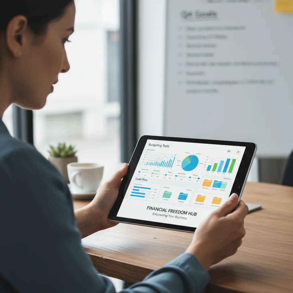 Empreendedor utilizando software de gestão financeira para organizar orçamentos e fluxo de caixa.