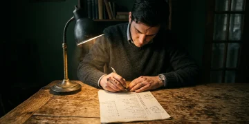 Pessoa examinando uma planilha financeira manuscrita em uma mesa de carvalho rústica, sob a luz dramática de um abajur de latão, simbolizando o início do diagnóstico financeiro pessoal.