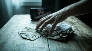 Desvendando os Erros Comuns em Educação Financeira para Empreendedores Mão borrada de empreendedor tentando separar notas de dinheiro de negócio organizadas de um monte de recibos pessoais e moedas amassadas em uma mesa de madeira rústica, simbolizando a confusão financeira.