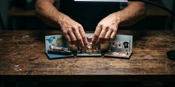 Mãos arranjando dioramas de dropshipping internacional, nacional e Print-on-Demand em uma bancada de madeira, simbolizando complexidades logísticas e de modelos de negócio.