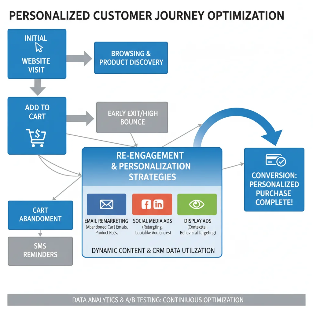 Fluxo do cliente no e-commerce com pontos de remarketing e personalização.