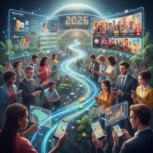 Panorama futurista do marketing digital no Brasil em 2026 com gráficos de crescimento e diversas plataformas digitais