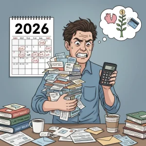 Pessoa estressada com contas e calculadora, simbolizando erros financeiros pessoais.