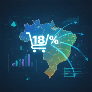 Carrinho de compras digital com seta de recuperação e mapa do Brasil, representando remarketing para e-commerce.