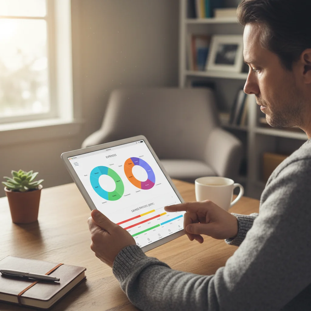 Pessoa analisando um aplicativo de orçamento em um tablet, com gráficos coloridos de finanças pessoais.