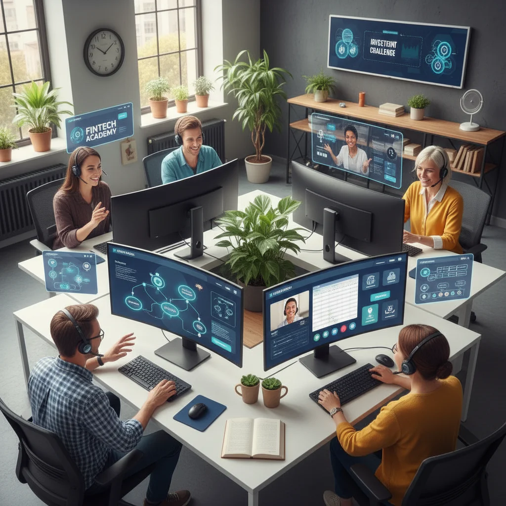 Grupo de pessoas em ambiente de aprendizado virtual, com telas exibindo módulos de educação financeira interativos.