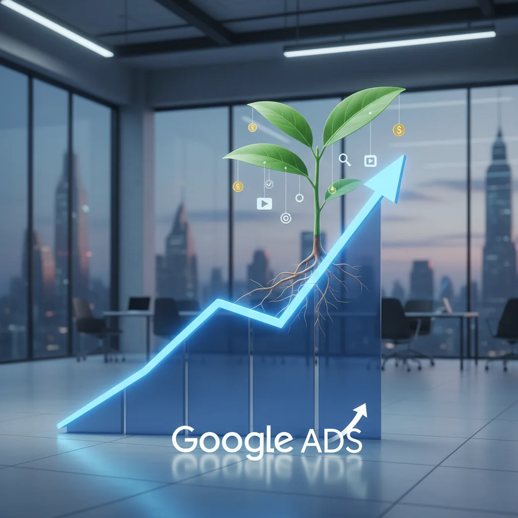 Gráfico de crescimento financeiro com planta brotando, simbolizando o sucesso e sustentabilidade de campanhas Google Ads.