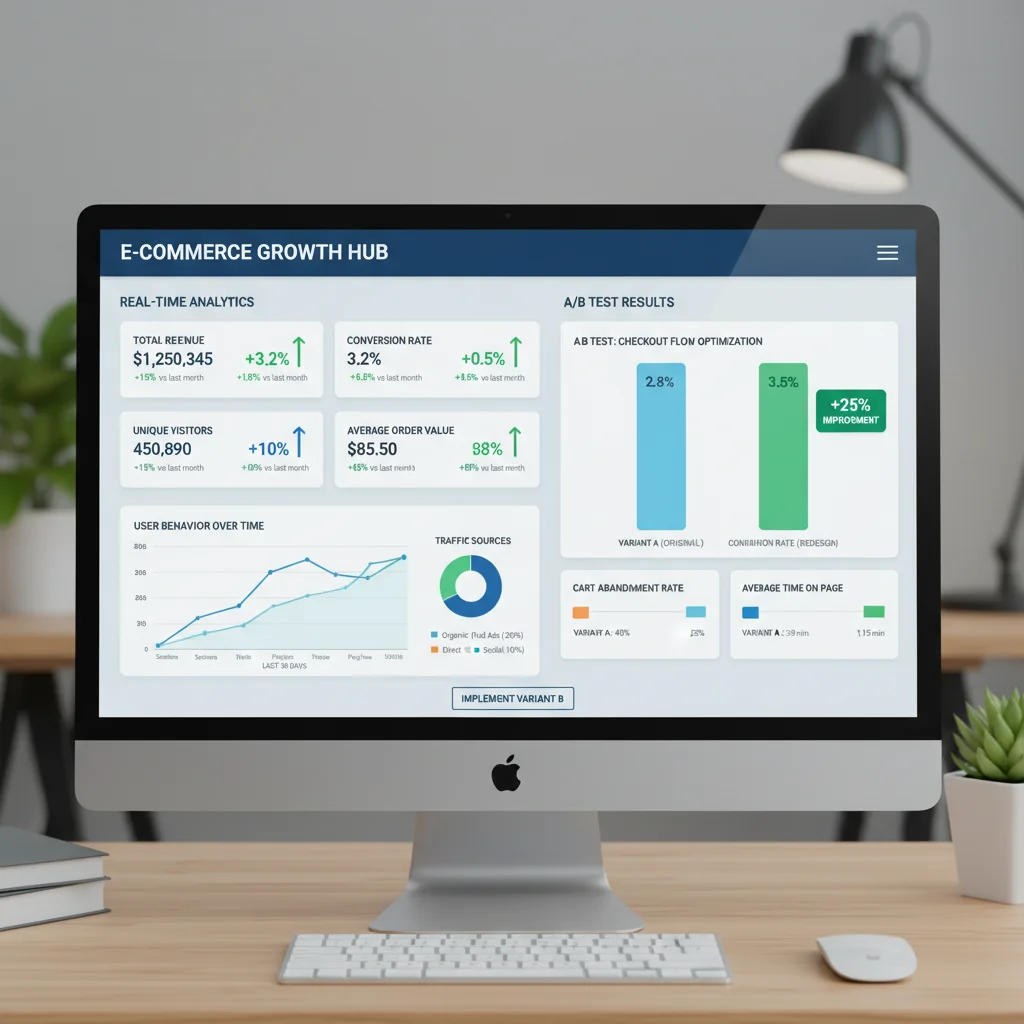 Painel de controle com métricas de e-commerce e resultados de testes A/B para otimização de funil de vendas.