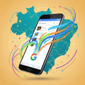 Google Discover: Aumente Engajamento e Tráfego no Brasil em 90 Dias Smartphone exibindo conteúdo otimizado para Google Discover com gráficos de crescimento e mapa do Brasil.