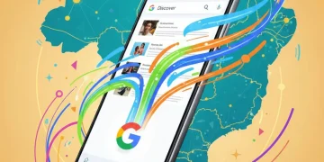Smartphone exibindo conteúdo otimizado para Google Discover com gráficos de crescimento e mapa do Brasil.