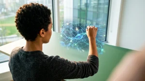 Dropshipping: A Psicologia por Trás das Decisões de Compra e Venda Pessoa analisando projeção holográfica de redes neurais e dados, focada em gatilhos mentais para estratégias de dropshipping e psicologia do consumidor.