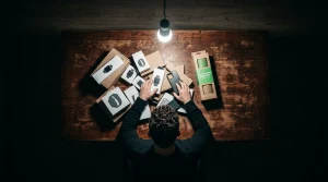 Empreendedor examinando produtos genéricos de dropshipping sob luz forte, destacando um nicho promissor em embalagem verde, simbolizando a busca por produtos vencedores.