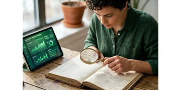 Pessoa analisando detalhadamente um livro contábil antigo com uma lupa e um tablet moderno exibindo dados financeiros, simbolizando um diagnóstico aprofundado da saúde empresarial.
