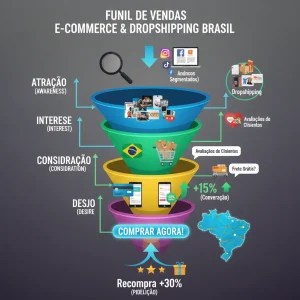Infográfico detalhado de um funil de vendas otimizado para dropshipping no Brasil, mostrando etapas de conversão.