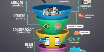 Infográfico detalhado de um funil de vendas otimizado para dropshipping no Brasil, mostrando etapas de conversão.