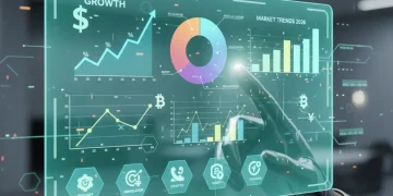 Interface digital futurista com gráficos financeiros e uma mão interagindo, simbolizando ferramentas de educação financeira em 2026.