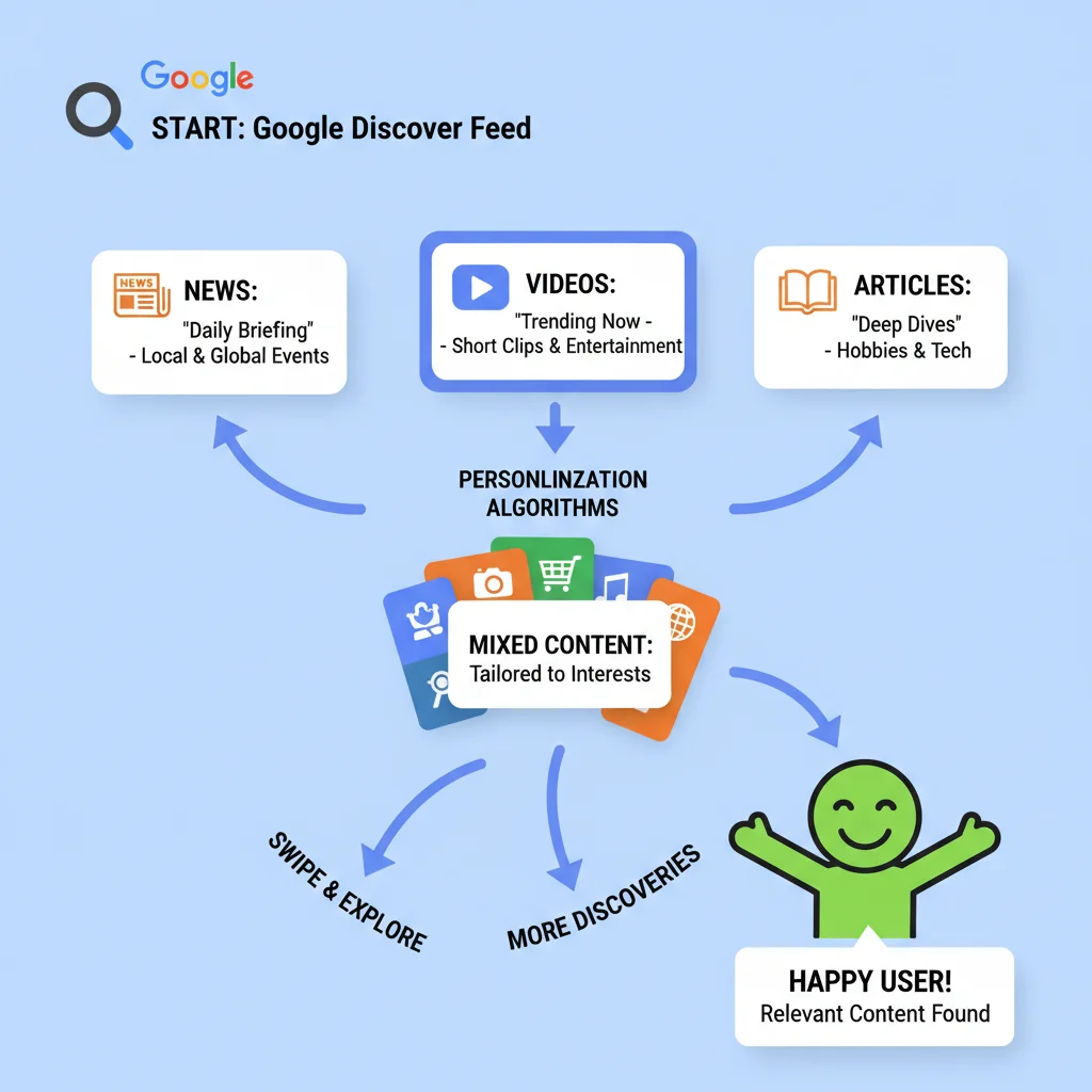 Infográfico mostrando a jornada do usuário no Google Discover e a personalização de conteúdo.