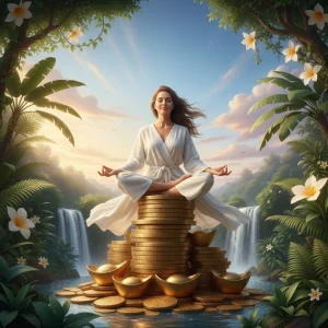 Pessoa meditando sobre moedas de ouro, simbolizando paz e abundância financeira.