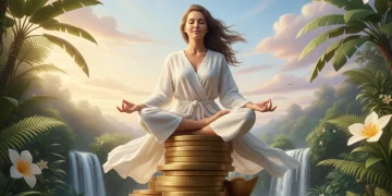 Pessoa meditando sobre moedas de ouro, simbolizando paz e abundância financeira.